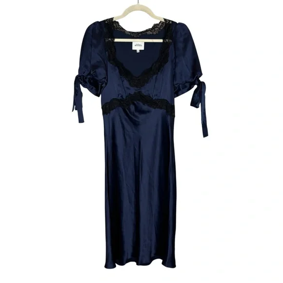 Reformation Stella Silk Dress with Lace Detail - Navy - Size 4 - Picture 3 of 9